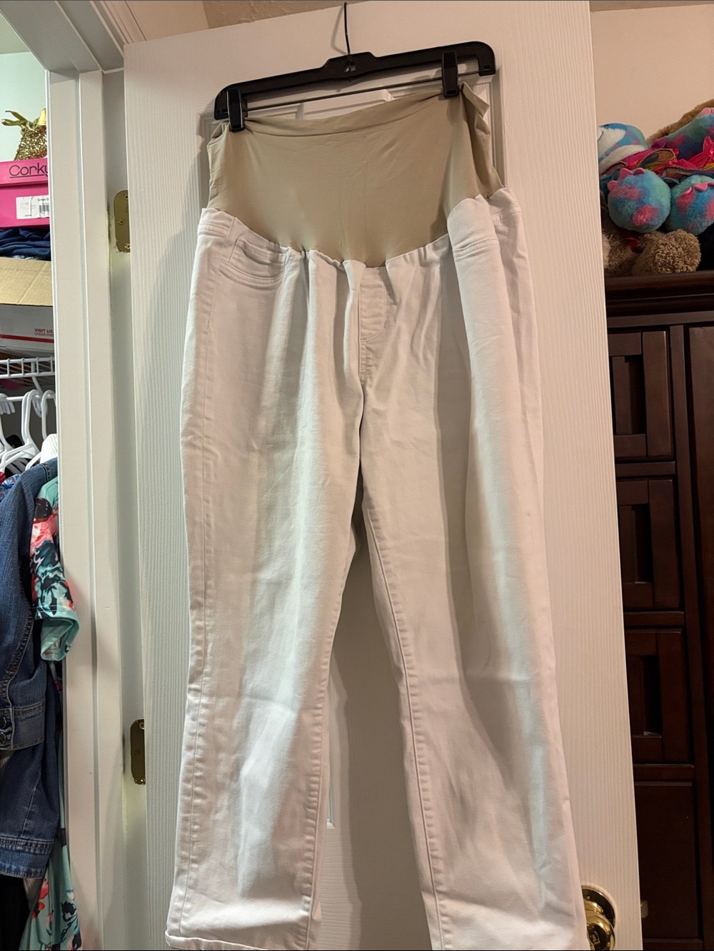 a.n.a White Straight Leg Maternity Jeans with Beige Waistband
